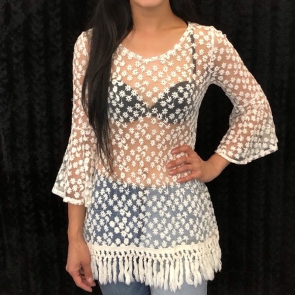Tops - Boho daisy fringes lace flare tunic cover up top